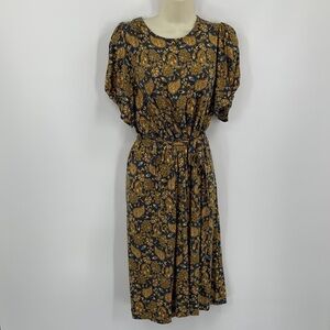 Boden Puff sleeve shift jersey knit dress belt gold navy blue paisley new 14